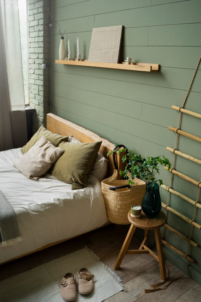 Makuuhuone, jossa on puinen sänky, vihreä paneeliseinä ja luonnonmateriaaleja sisustuksessa.