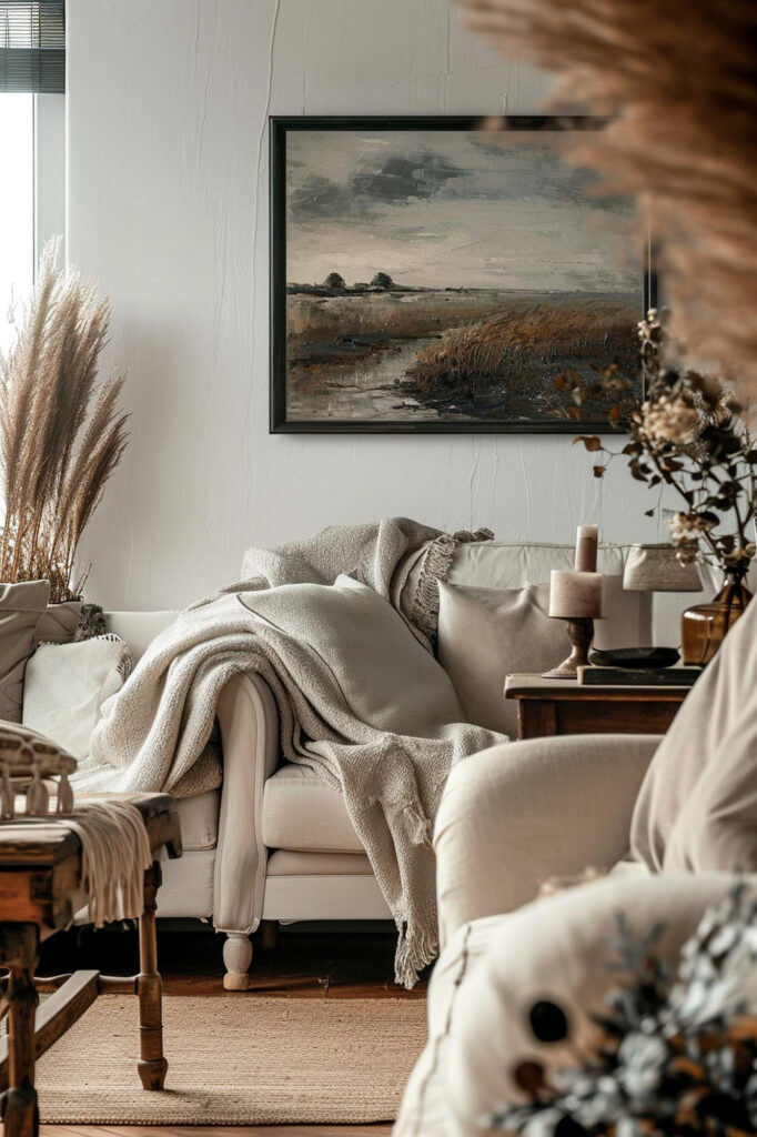 Olohuone, jossa on vaalea sohva, pehmeitä tekstiilejä ja seinällä suuri maisemamaalaus.