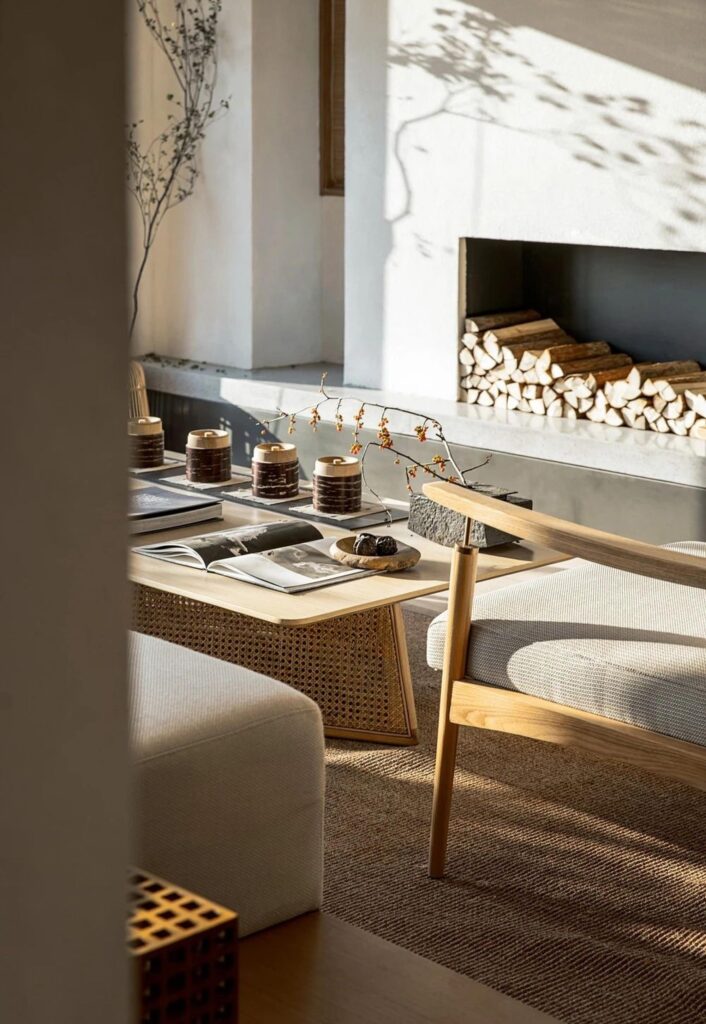 Moderni olohuone, jossa on vaalea puinen nojatuoli ja taustalla minimalistinen takka, jonka syvennyksessä on polttopuita.
